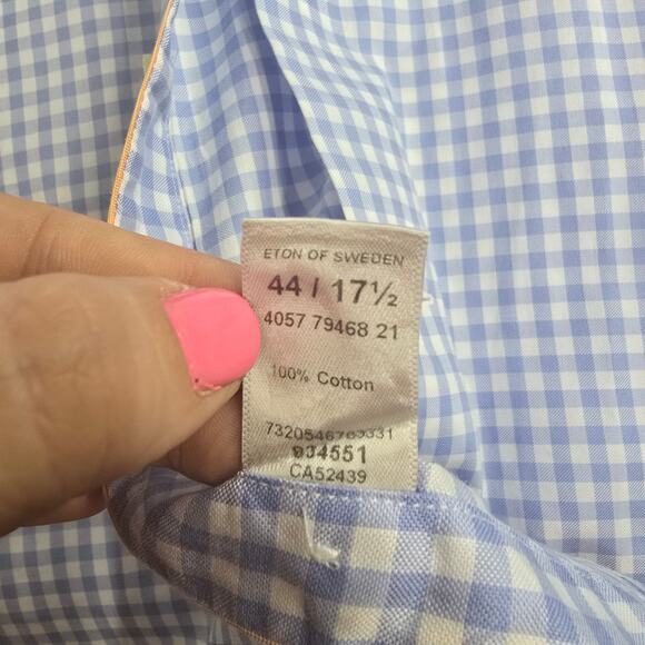 Eton Contemporary Dress Shirt Gingham Plaid Long-sleeve Button Up Blue White - Picture 5 of 8